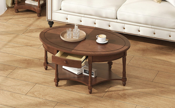English Elm Vintage French Country Oval Coffee Table Rubberwood with Drawer and Open Shelf N735P487489B