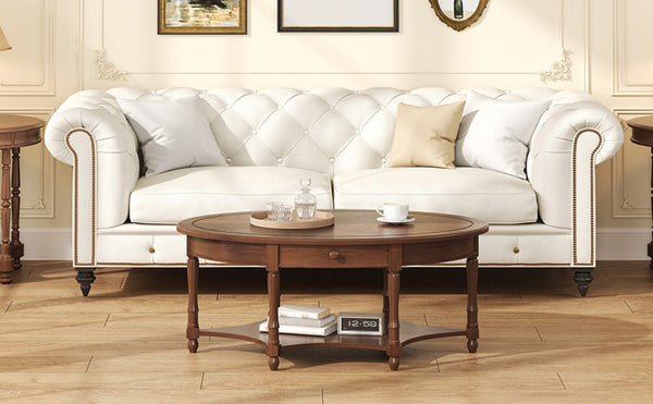 English Elm Vintage French Country Oval Coffee Table Rubberwood with Drawer and Open Shelf N735P487489B