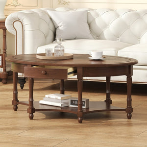 English Elm Vintage French Country Oval Coffee Table Rubberwood with Drawer and Open Shelf N735P487489B
