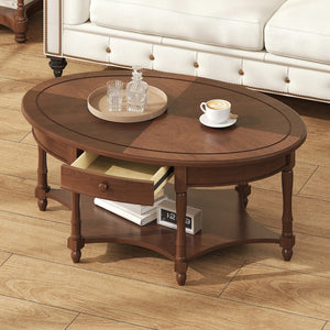 English Elm Vintage French Country Oval Coffee Table Rubberwood with Drawer and Open Shelf N735P487489B