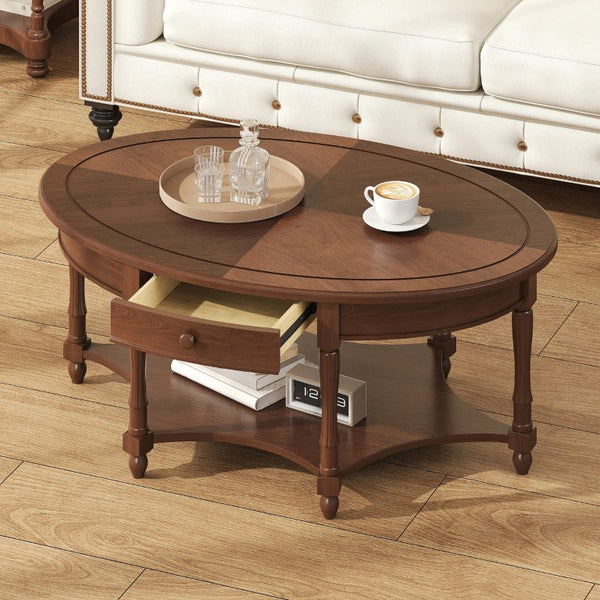 English Elm Vintage French Country Oval Coffee Table Rubberwood with Drawer and Open Shelf N735P487489B