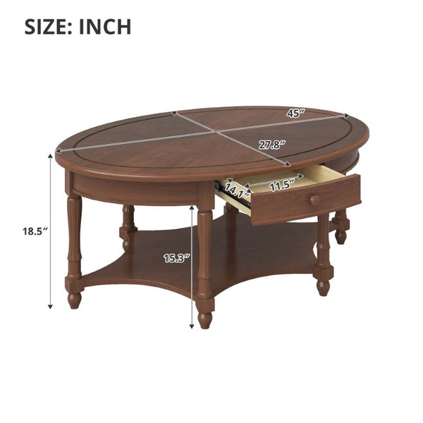 English Elm Vintage French Country Oval Coffee Table Rubberwood with Drawer and Open Shelf N735P487489B