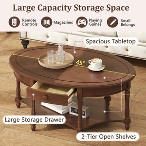 English Elm Vintage French Country Oval Coffee Table Rubberwood with Drawer and Open Shelf N735P487489B