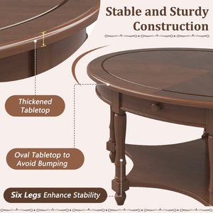 English Elm Vintage French Country Oval Coffee Table Rubberwood with Drawer and Open Shelf N735P487489B