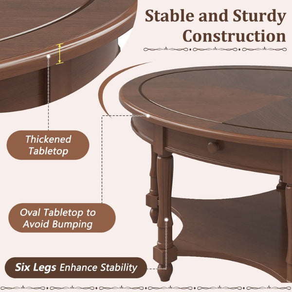 English Elm Vintage French Country Oval Coffee Table Rubberwood with Drawer and Open Shelf N735P487489B