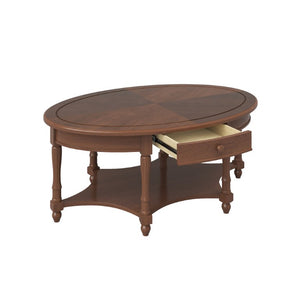 English Elm Vintage French Country Oval Coffee Table Rubberwood with Drawer and Open Shelf N735P487489B
