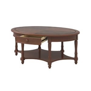 English Elm Vintage French Country Oval Coffee Table Rubberwood with Drawer and Open Shelf N735P487489B