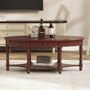 English Elm Vintage Oval Rubberwood Cocktail Table French Country Carved Legs with Drawer and Shelf Cherry Rubber Wood 45 x 27.8 x 18.5 inches N735P487489D