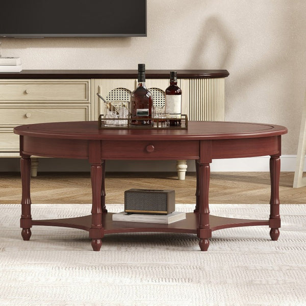English Elm Vintage Oval Rubberwood Cocktail Table French Country Carved Legs with Drawer and Shelf Cherry Rubber Wood 45 x 27.8 x 18.5 inches N735P487489D