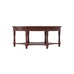 English Elm Vintage Oval Rubberwood Cocktail Table French Country Carved Legs with Drawer and Shelf Cherry Rubber Wood 45 x 27.8 x 18.5 inches N735P487489D