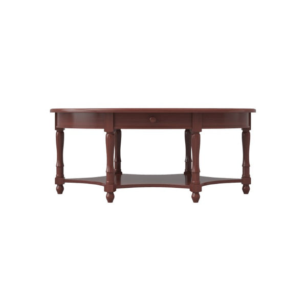 English Elm Vintage Oval Rubberwood Cocktail Table French Country Carved Legs with Drawer and Shelf Cherry Rubber Wood 45 x 27.8 x 18.5 inches N735P487489D