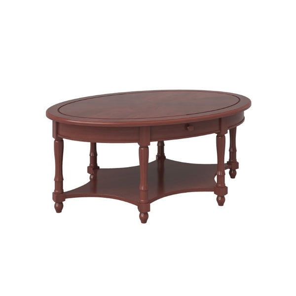English Elm Vintage Oval Rubberwood Cocktail Table French Country Carved Legs with Drawer and Shelf Cherry Rubber Wood 45 x 27.8 x 18.5 inches N735P487489D