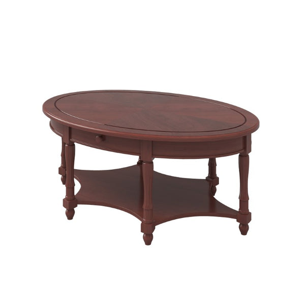 English Elm Vintage Oval Rubberwood Cocktail Table French Country Carved Legs with Drawer and Shelf Cherry Rubber Wood 45 x 27.8 x 18.5 inches N735P487489D