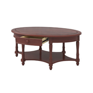 English Elm Vintage Oval Rubberwood Cocktail Table French Country Carved Legs with Drawer and Shelf Cherry Rubber Wood 45 x 27.8 x 18.5 inches N735P487489D