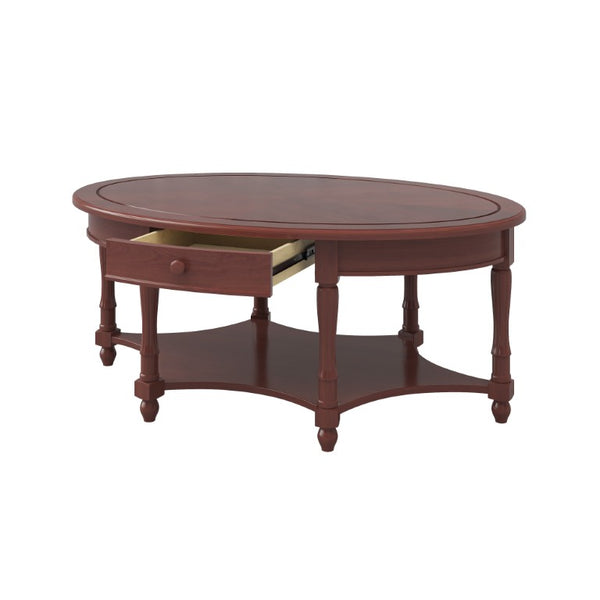 English Elm Vintage Oval Rubberwood Cocktail Table French Country Carved Legs with Drawer and Shelf Cherry Rubber Wood 45 x 27.8 x 18.5 inches N735P487489D