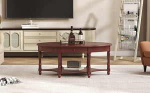 English Elm Vintage Oval Rubberwood Cocktail Table French Country Carved Legs with Drawer and Shelf Cherry Rubber Wood 45 x 27.8 x 18.5 inches N735P487489D