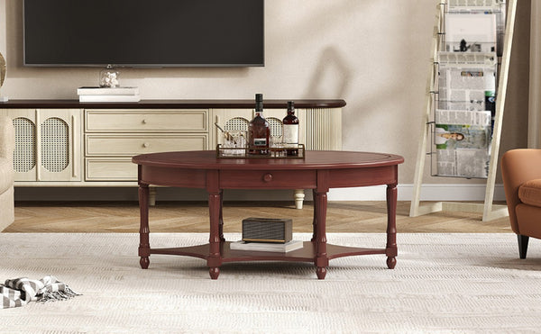 English Elm Vintage Oval Rubberwood Cocktail Table French Country Carved Legs with Drawer and Shelf Cherry Rubber Wood 45 x 27.8 x 18.5 inches N735P487489D