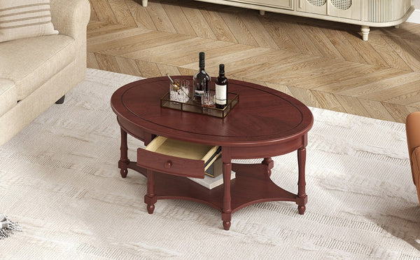 English Elm Vintage Oval Rubberwood Cocktail Table French Country Carved Legs with Drawer and Shelf Cherry Rubber Wood 45 x 27.8 x 18.5 inches N735P487489D