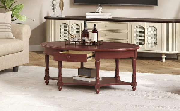 English Elm Vintage Oval Rubberwood Cocktail Table French Country Carved Legs with Drawer and Shelf Cherry Rubber Wood 45 x 27.8 x 18.5 inches N735P487489D