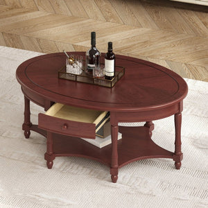 English Elm Vintage Oval Rubberwood Cocktail Table French Country Carved Legs with Drawer and Shelf Cherry Rubber Wood 45 x 27.8 x 18.5 inches N735P487489D