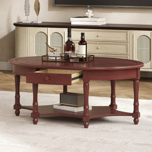 English Elm Vintage Oval Rubberwood Cocktail Table French Country Carved Legs with Drawer and Shelf Cherry Rubber Wood 45 x 27.8 x 18.5 inches N735P487489D