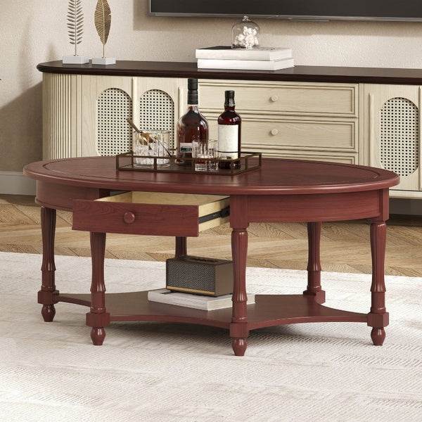 English Elm Vintage Oval Rubberwood Cocktail Table French Country Carved Legs with Drawer and Shelf Cherry Rubber Wood 45 x 27.8 x 18.5 inches N735P487489D