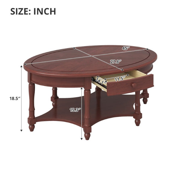 English Elm Vintage Oval Rubberwood Cocktail Table French Country Carved Legs with Drawer and Shelf Cherry Rubber Wood 45 x 27.8 x 18.5 inches N735P487489D