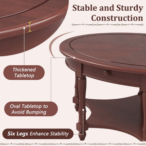 English Elm Vintage Oval Rubberwood Cocktail Table French Country Carved Legs with Drawer and Shelf Cherry Rubber Wood 45 x 27.8 x 18.5 inches N735P487489D