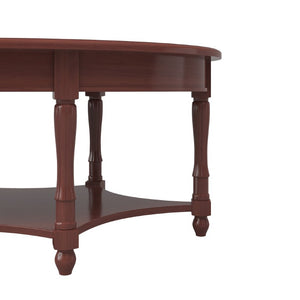 English Elm Vintage Oval Rubberwood Cocktail Table French Country Carved Legs with Drawer and Shelf Cherry Rubber Wood 45 x 27.8 x 18.5 inches N735P487489D
