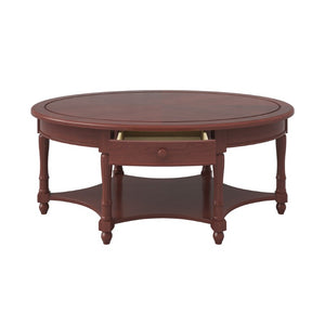 English Elm Vintage Oval Rubberwood Cocktail Table French Country Carved Legs with Drawer and Shelf Cherry Rubber Wood 45 x 27.8 x 18.5 inches N735P487489D