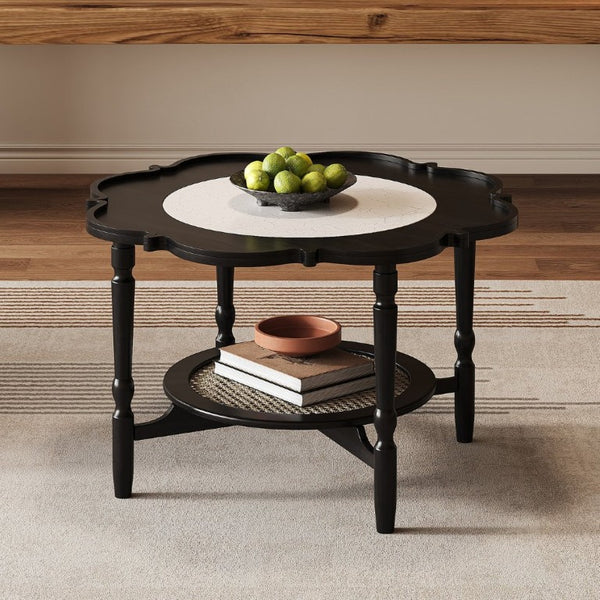 English Elm Mid-Century Petal Shaped Coffee Table with Crackle Glass Top and Woven Rattan Shelf Black N735P488090B