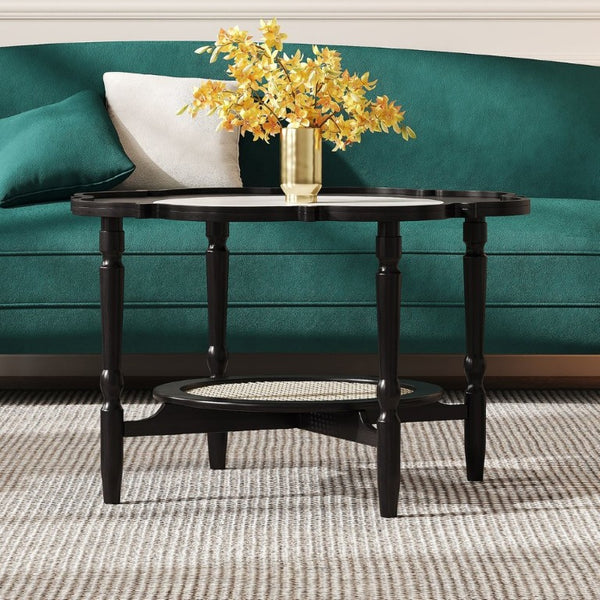 English Elm Mid-Century Petal Shaped Coffee Table with Crackle Glass Top and Woven Rattan Shelf Black N735P488090B