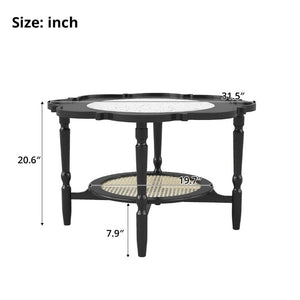 English Elm Mid-Century Petal Shaped Coffee Table with Crackle Glass Top and Woven Rattan Shelf Black N735P488090B