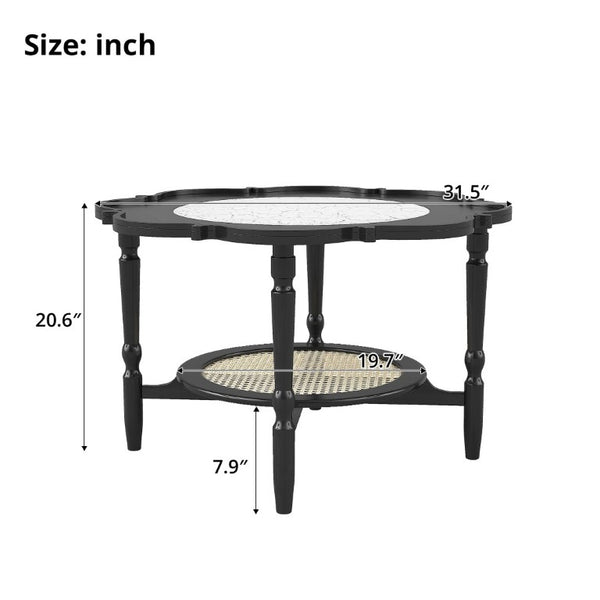 English Elm Mid-Century Petal Shaped Coffee Table with Crackle Glass Top and Woven Rattan Shelf Black N735P488090B