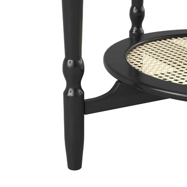 English Elm Mid-Century Petal Shaped Coffee Table with Crackle Glass Top and Woven Rattan Shelf Black N735P488090B