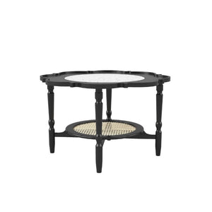 English Elm Mid-Century Petal Shaped Coffee Table with Crackle Glass Top and Woven Rattan Shelf Black N735P488090B