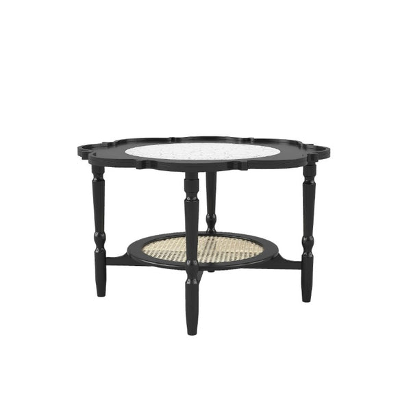 English Elm Mid-Century Petal Shaped Coffee Table with Crackle Glass Top and Woven Rattan Shelf Black N735P488090B