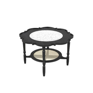 English Elm Mid-Century Petal Shaped Coffee Table with Crackle Glass Top and Woven Rattan Shelf Black N735P488090B