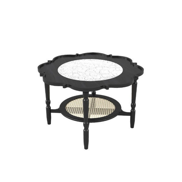 English Elm Mid-Century Petal Shaped Coffee Table with Crackle Glass Top and Woven Rattan Shelf Black N735P488090B