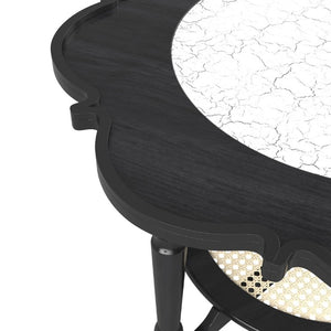 English Elm Mid-Century Petal Shaped Coffee Table with Crackle Glass Top and Woven Rattan Shelf Black N735P488090B