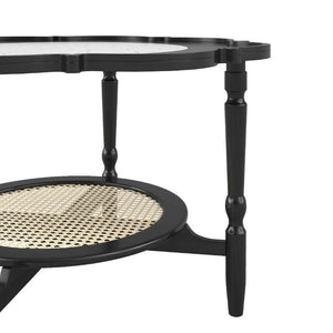 English Elm Mid-Century Petal Shaped Coffee Table with Crackle Glass Top and Woven Rattan Shelf Black N735P488090B