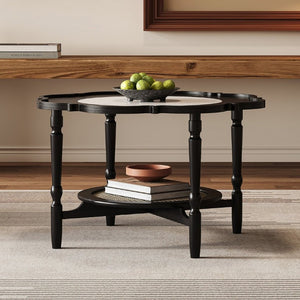 English Elm Mid-Century Petal Shaped Coffee Table with Crackle Glass Top and Woven Rattan Shelf Black N735P488090B