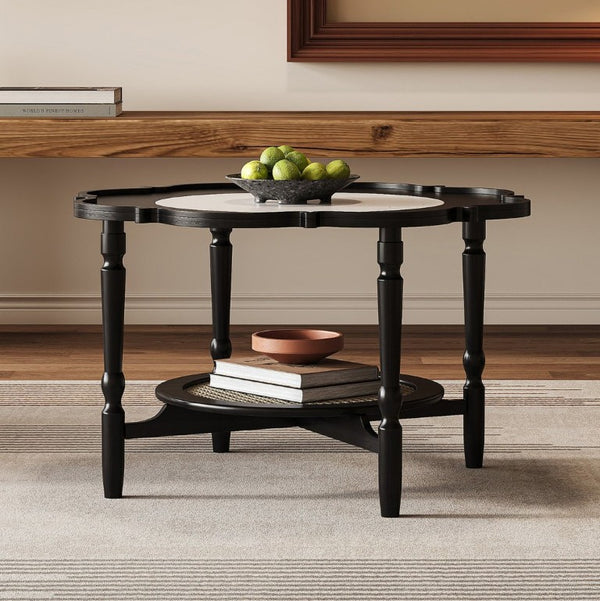 English Elm Mid-Century Petal Shaped Coffee Table with Crackle Glass Top and Woven Rattan Shelf Black N735P488090B