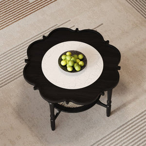 English Elm Mid-Century Petal Shaped Coffee Table with Crackle Glass Top and Woven Rattan Shelf Black N735P488090B