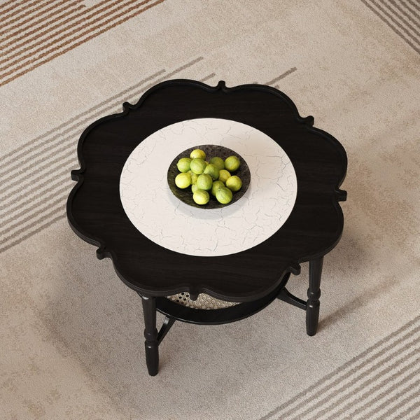 English Elm Mid-Century Petal Shaped Coffee Table with Crackle Glass Top and Woven Rattan Shelf Black N735P488090B