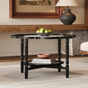 English Elm Mid-Century Petal Shaped Coffee Table with Crackle Glass Top and Woven Rattan Shelf Black N735P488090B