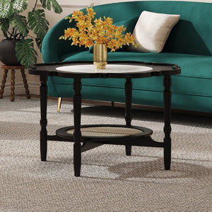 English Elm Mid-Century Petal Shaped Coffee Table with Crackle Glass Top and Woven Rattan Shelf Black N735P488090B
