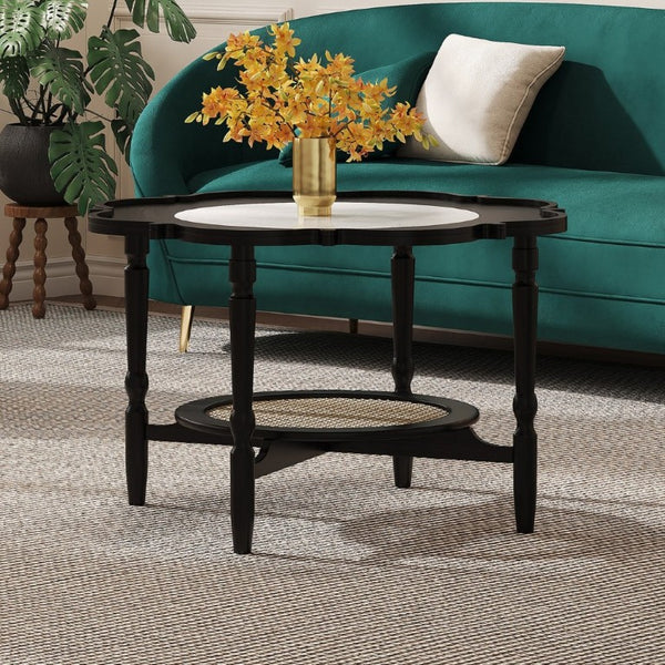 English Elm Mid-Century Petal Shaped Coffee Table with Crackle Glass Top and Woven Rattan Shelf Black N735P488090B