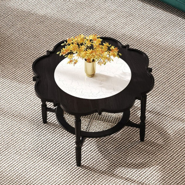 English Elm Mid-Century Petal Shaped Coffee Table with Crackle Glass Top and Woven Rattan Shelf Black N735P488090B