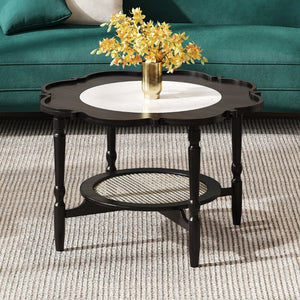 English Elm Mid-Century Petal Shaped Coffee Table with Crackle Glass Top and Woven Rattan Shelf Black N735P488090B